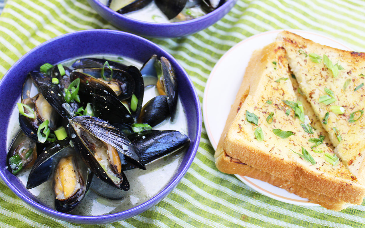 miso steamed mussels served with toast