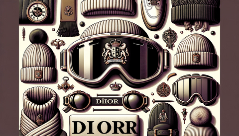 Illustration displaying an array of DiorAlps accessories, including ski goggles with the 'Christian Dior' insignia, a scarf with a coat of arms, various headwear, and post-ski footwear