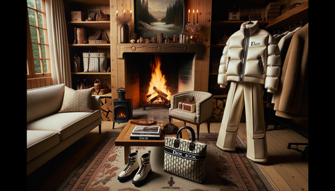 Warm and cozy cabin interior with a roaring fireplace. Various pieces from the DiorAlps collection are displayed, including a Dior Book Tote, ski trousers worn by a model of Hispanic descent, and a puffer jacket with the emblematic coat of arms.