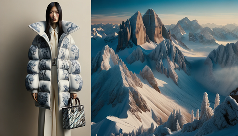 Mountain range at sunset with a model of Asian descent showcasing a DiorAlps puffer coat and cream ski trousers, standing next to a Dior Book Tote with a Plan de Paris design.