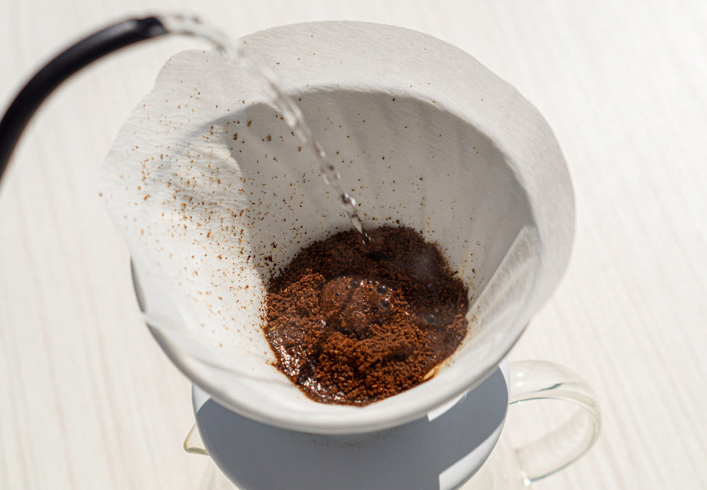 Biodynamic coffee ground in white pourover paper filter