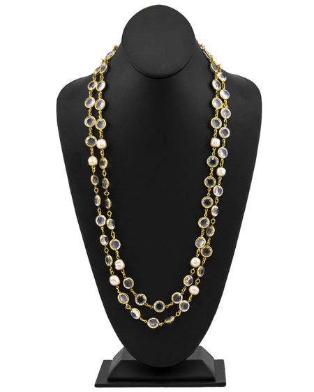 Chanel Long Pearl Necklace with Clear Gripoix, Strass, and Gold