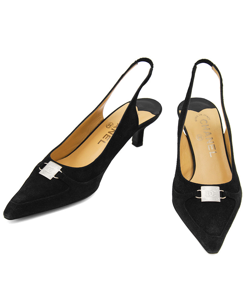 black sling back kitten heel shoes