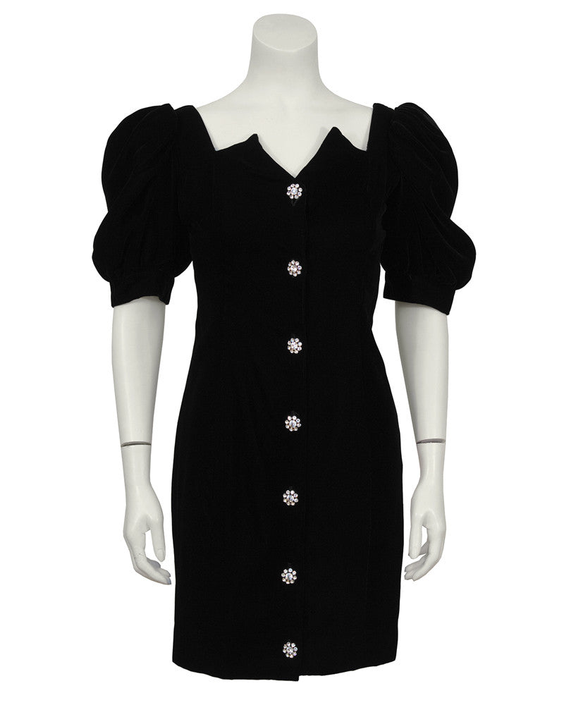 Black Velvet Cocktail Dress with Rhinestone Buttons – Vintage Couture