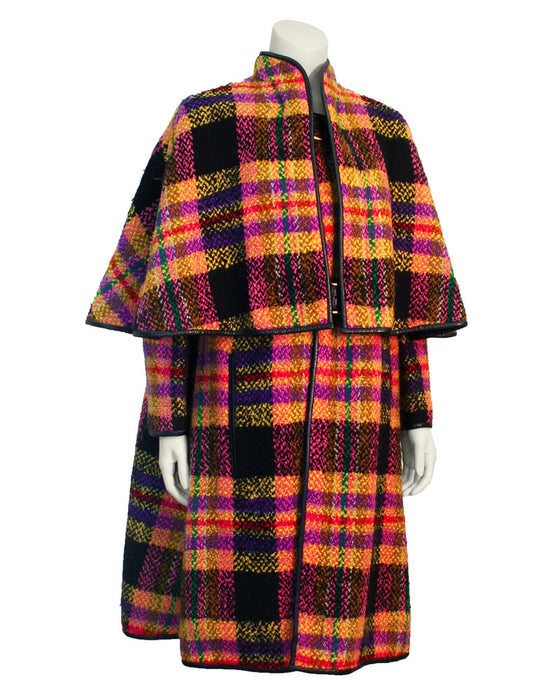 Mutli-colored plaid wool cape with leather trim – Vintage Couture