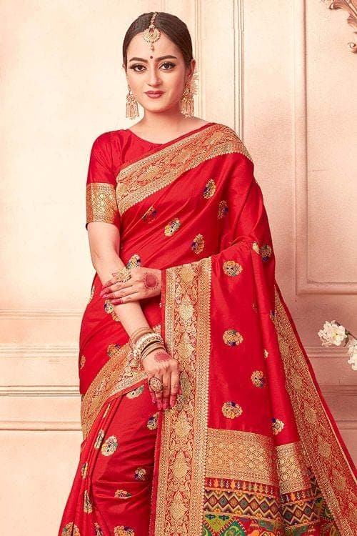 Banarasi Saree Scarlet Red Banarasi Saree With Meenakari Work saree online
