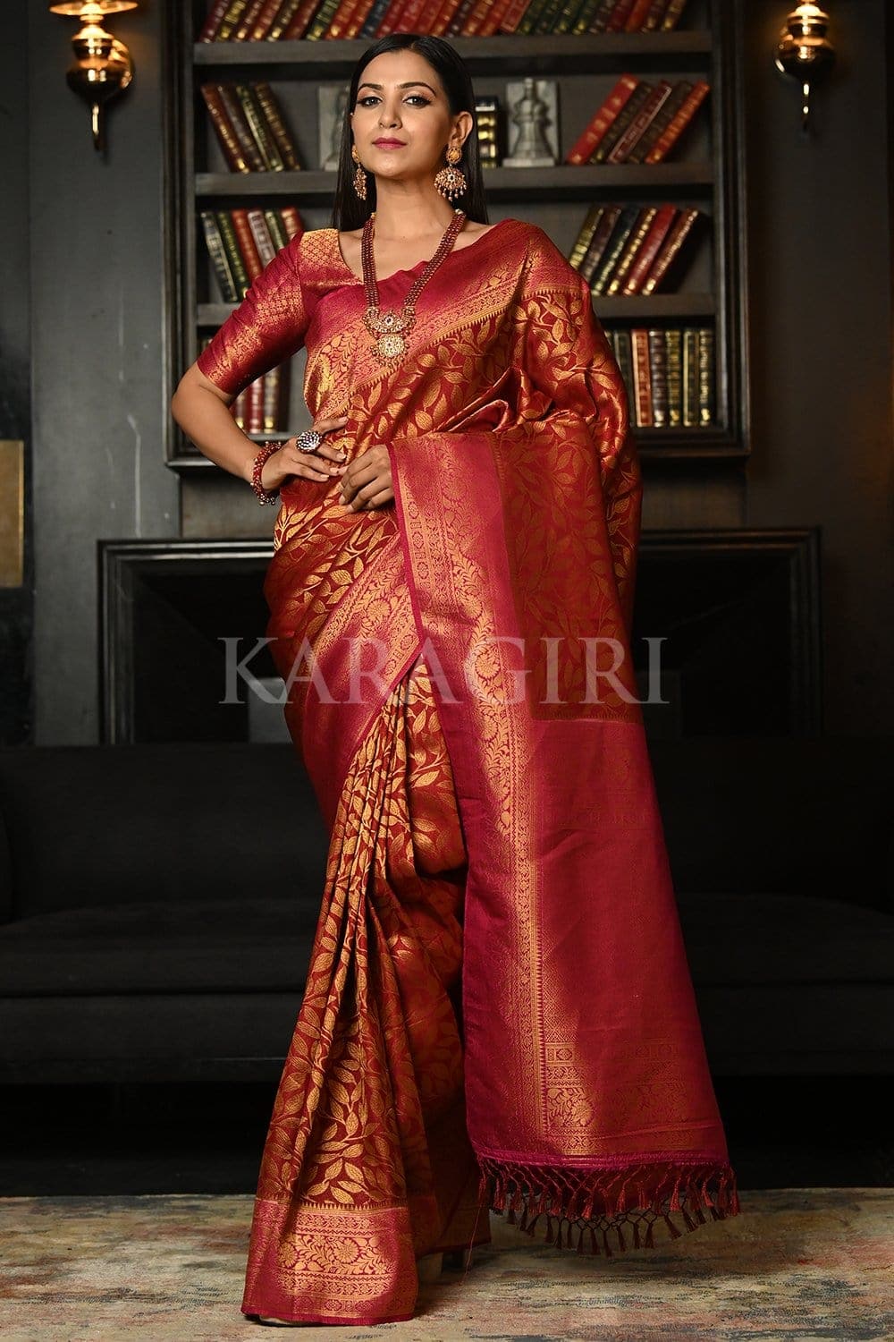 Buy Sangria Red Kanjivaram Saree online-KARAGIRI | FESTIVE SALE ...