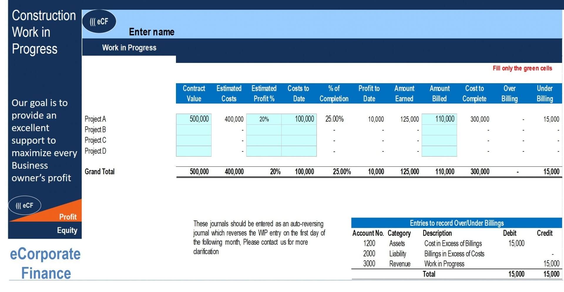 Construction Work in Progress Excel Template Templarket com