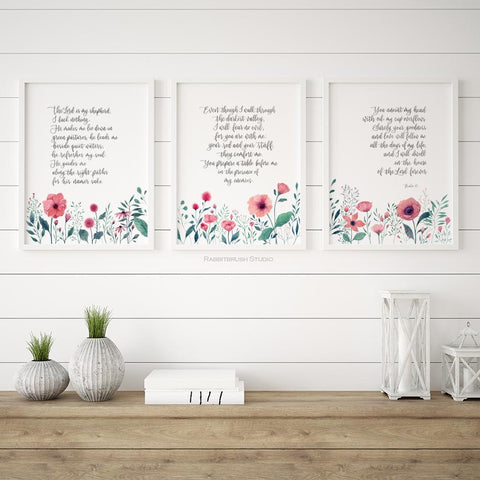 Pink Flower Scripture Art Set of 3 - Psalm 23 | 6 Gift Ideas for Christian Women