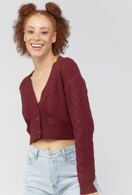Link to Cable Knit Cropped Cardigan Sweater Burgundy