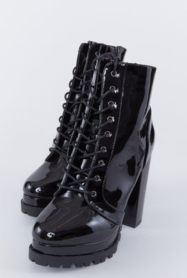 Link to Patent Faux-Leather Lace-Up Lug Sole Block Heel Boot Black