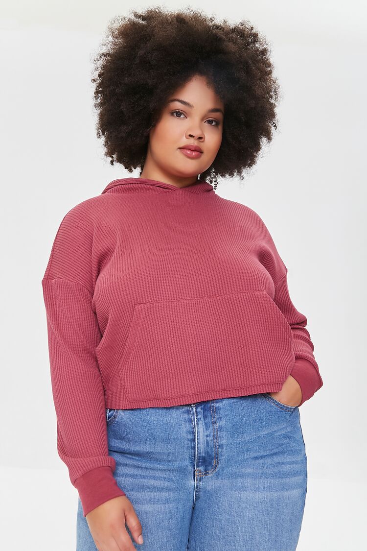 Plus Size Ribbed Knit Hoodie Burgundy