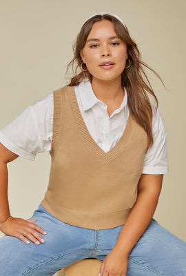 Link to Plus Size Ribbed-Trim Sweater Vest Brown