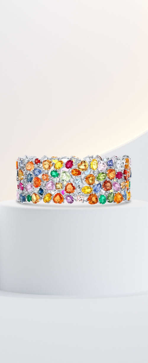 Gemma Grand Bracelet, White Gold and Colored Sapphires, Diamonds