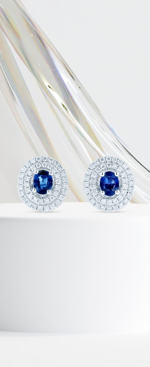 Gemma Sapphire Earrings, White Gold and Blue Sapphire, Diamonds