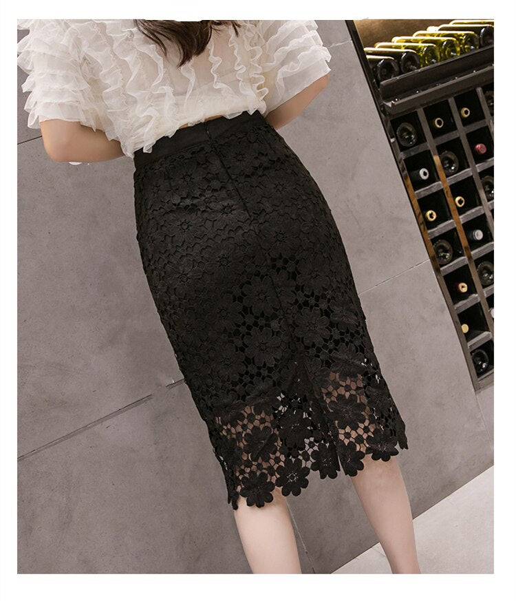 Front view of women's lace midi skirt in black