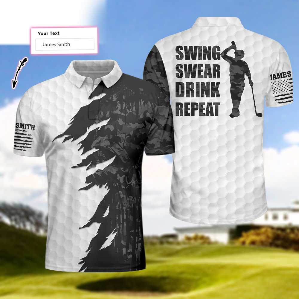 Swing Swear Drink Repeat Ripped Camouflage Skull Golf Custom Polo Shir ...