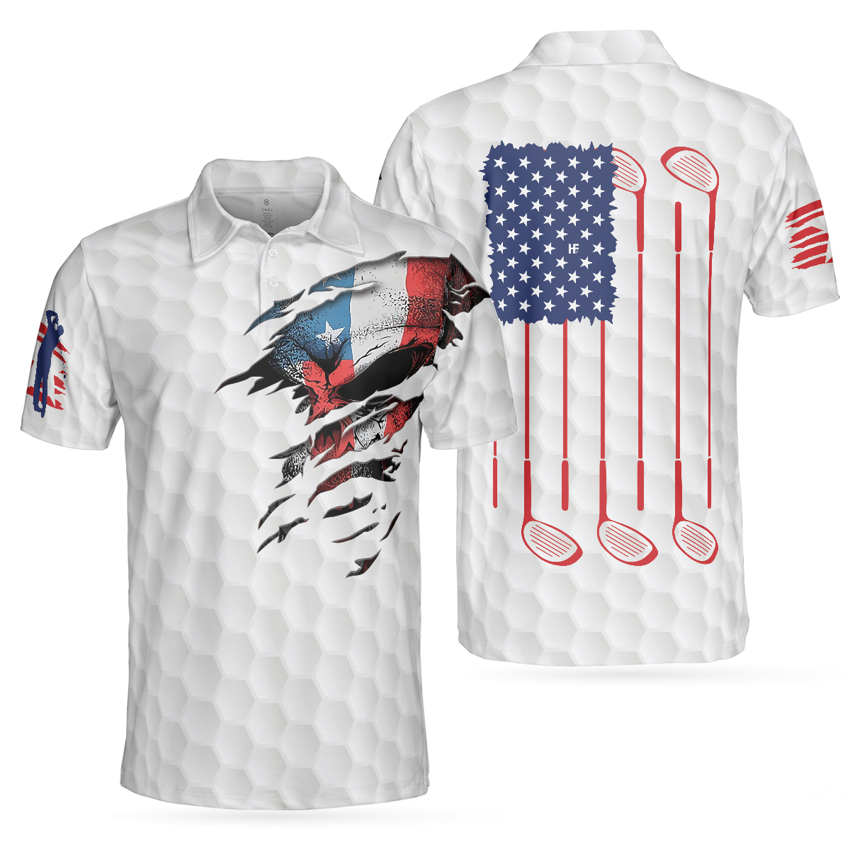 Golf Skull American Flag Short Sleeve Polo Shirt, White Golf Pattern P ...