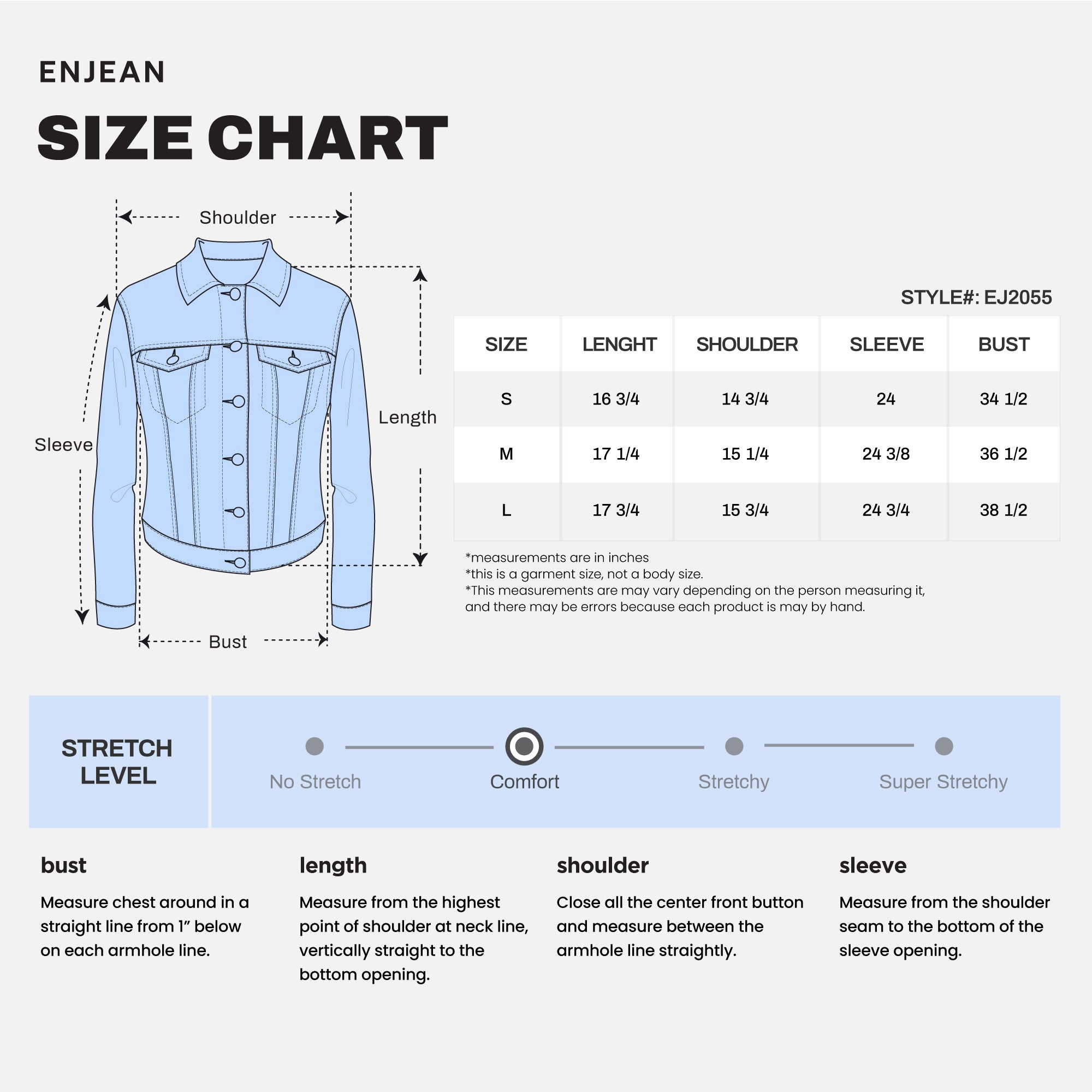 WEJ2055 DENIM JACKET SIZE CHART