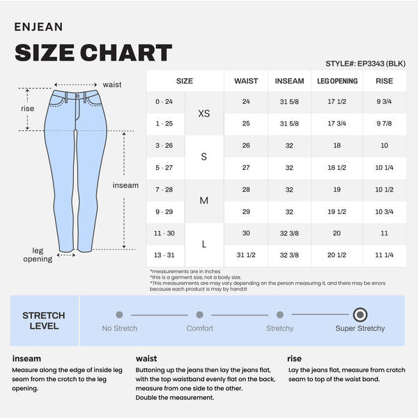 WEP3343 BLACK SIZE CHART