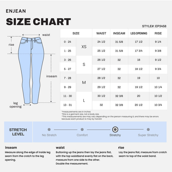 WEP3458 BOOTCUT JEANS SIZE CHART