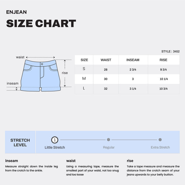 WESP3452 DENIM SHORTS SIZE CHART