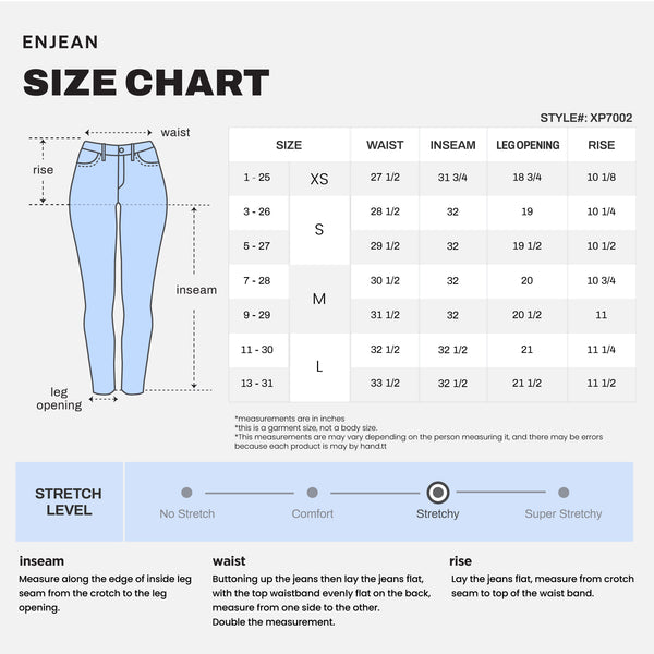 xp7002 bootcut jeans size chart