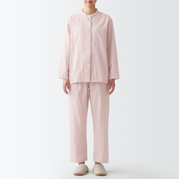 Women's Side Seamless Double Gauze Stand Collar Pajamas - Pink Check - MUJI