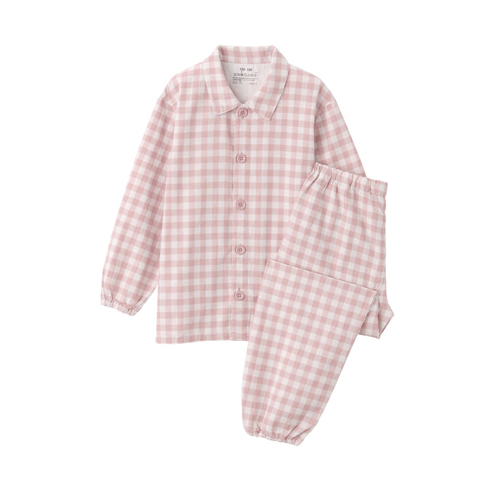 Kid's Side Seamless Double Gauze Pajamas - Pink Check - MUJI