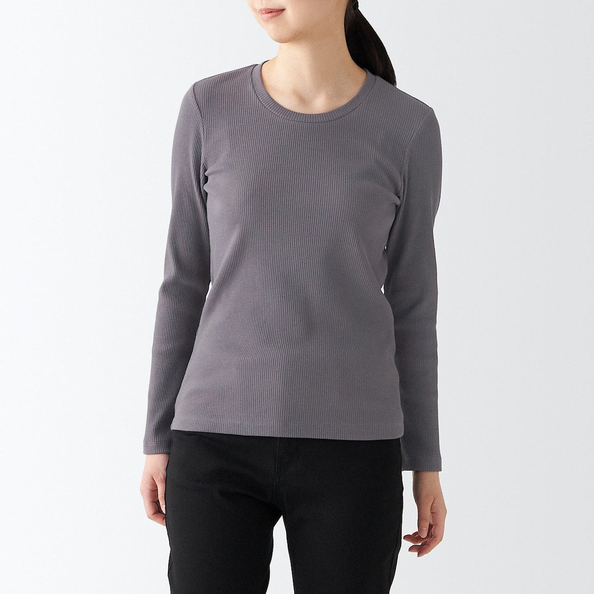 Women's Stretch Ribbed Crew Neck Long Sleeve T-Shirt | MUJI