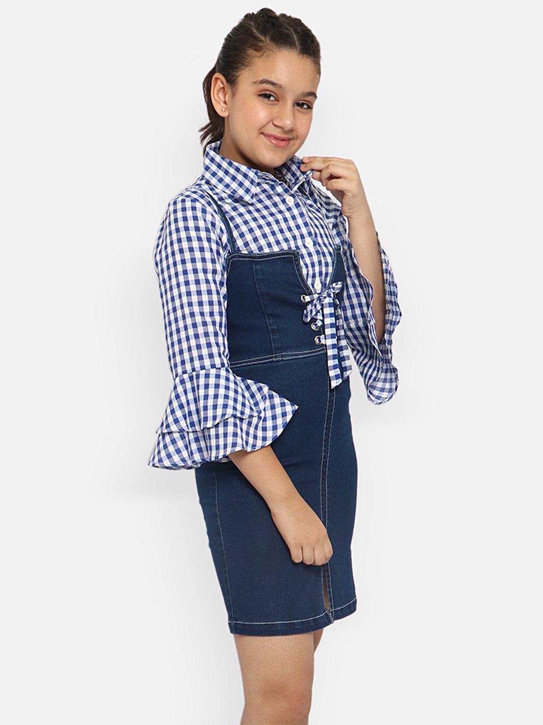 Natilene Girls Blue Checked Pure Cotton Denim Dungarees