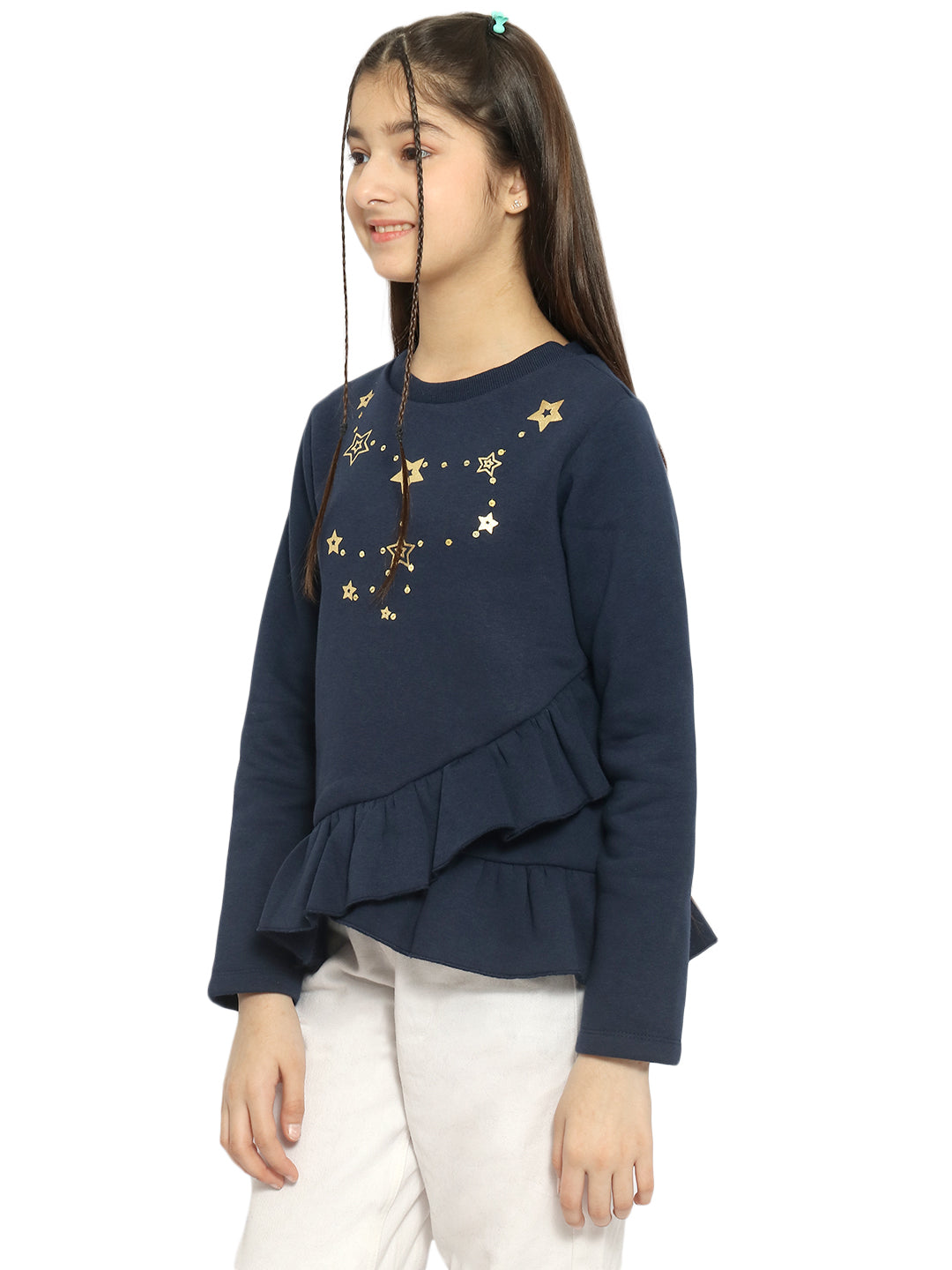 Natilene Girls Navy Blue Graphic Printed Sweatshirt