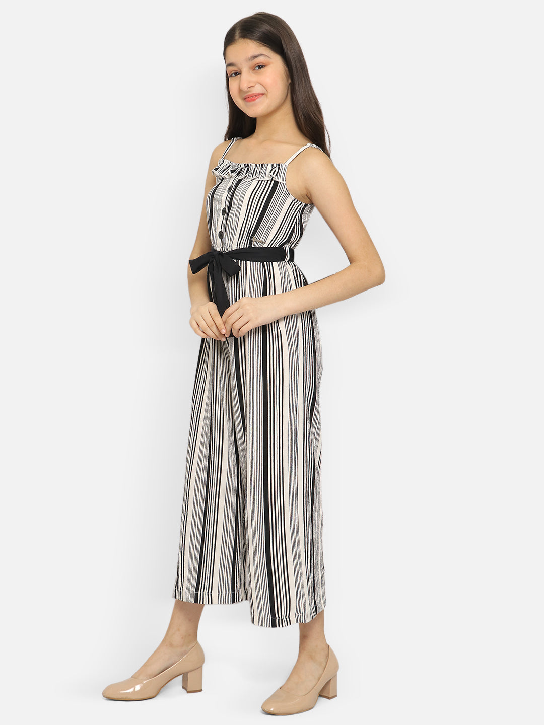 Natilene Girls Striped Shoulder-Strap Basic Jumpsuit With Waist Tie-Ups