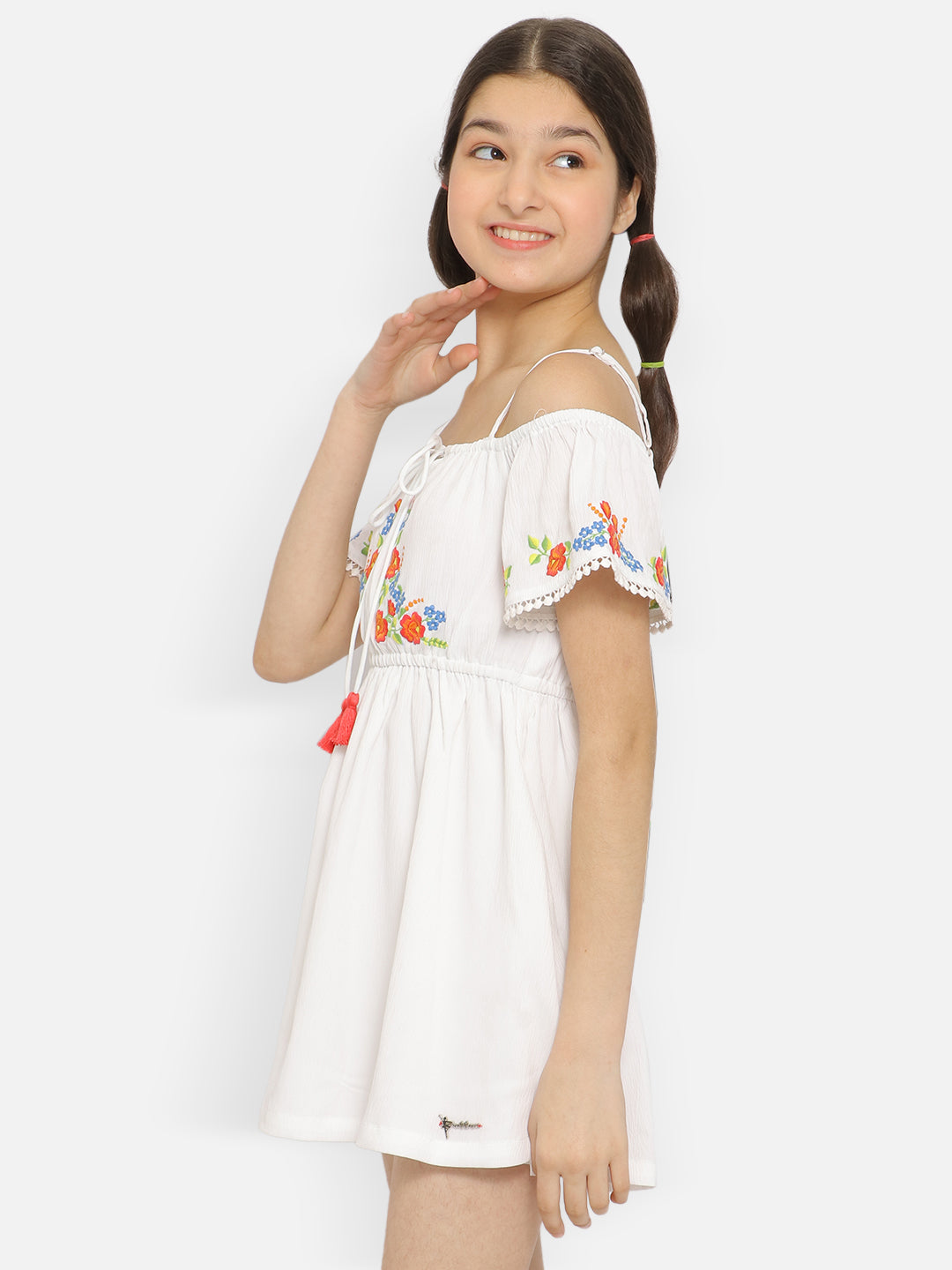 Natilene Girls Floral Embroidered Tie-Up Detail Gathered A-Line Dress