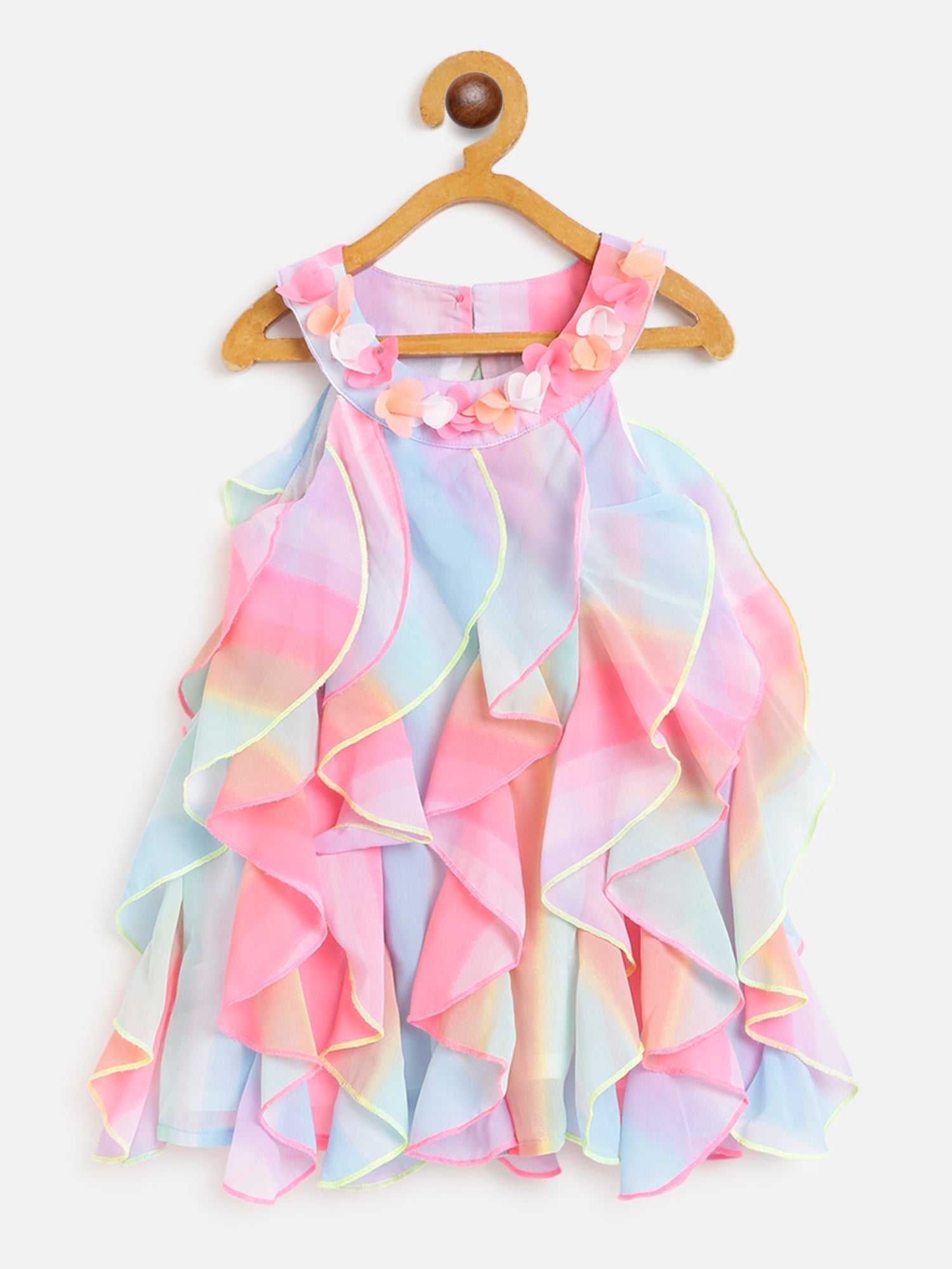 Nautinati Girls Pink Blue Dyed Ruffled A-Line Dress