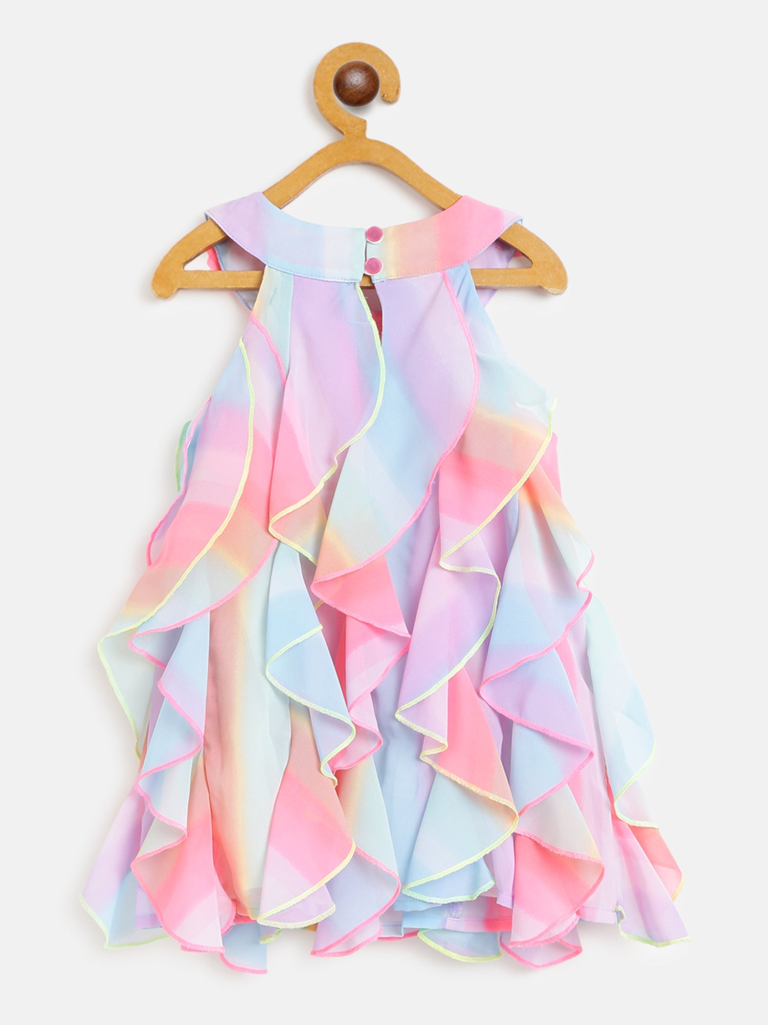 Nautinati Girls Pink Blue Dyed Ruffled A-Line Dress