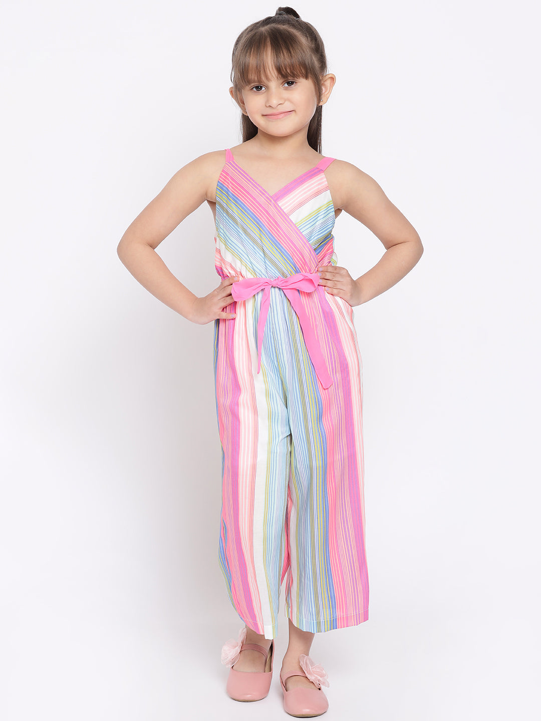 Nautinati Girls Pink Blue Striped Basic Jumpsuit