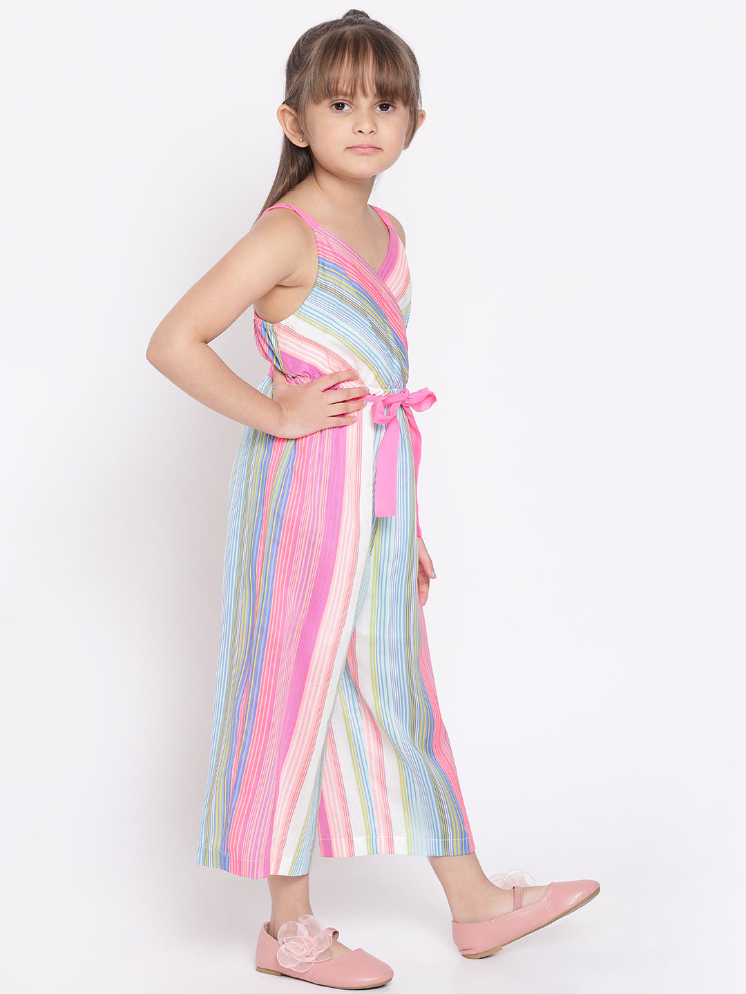 Nautinati Girls Pink Blue Striped Basic Jumpsuit