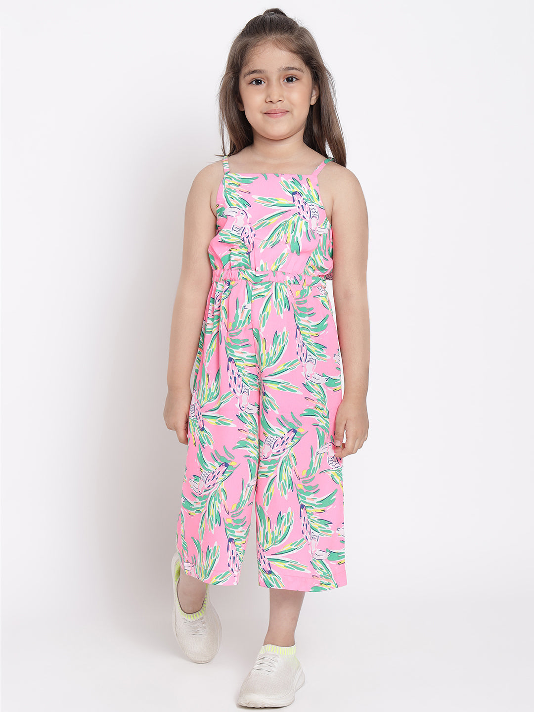 Nautinati Girls Pink Green Printed Basic Jumpsuit With Styled Back