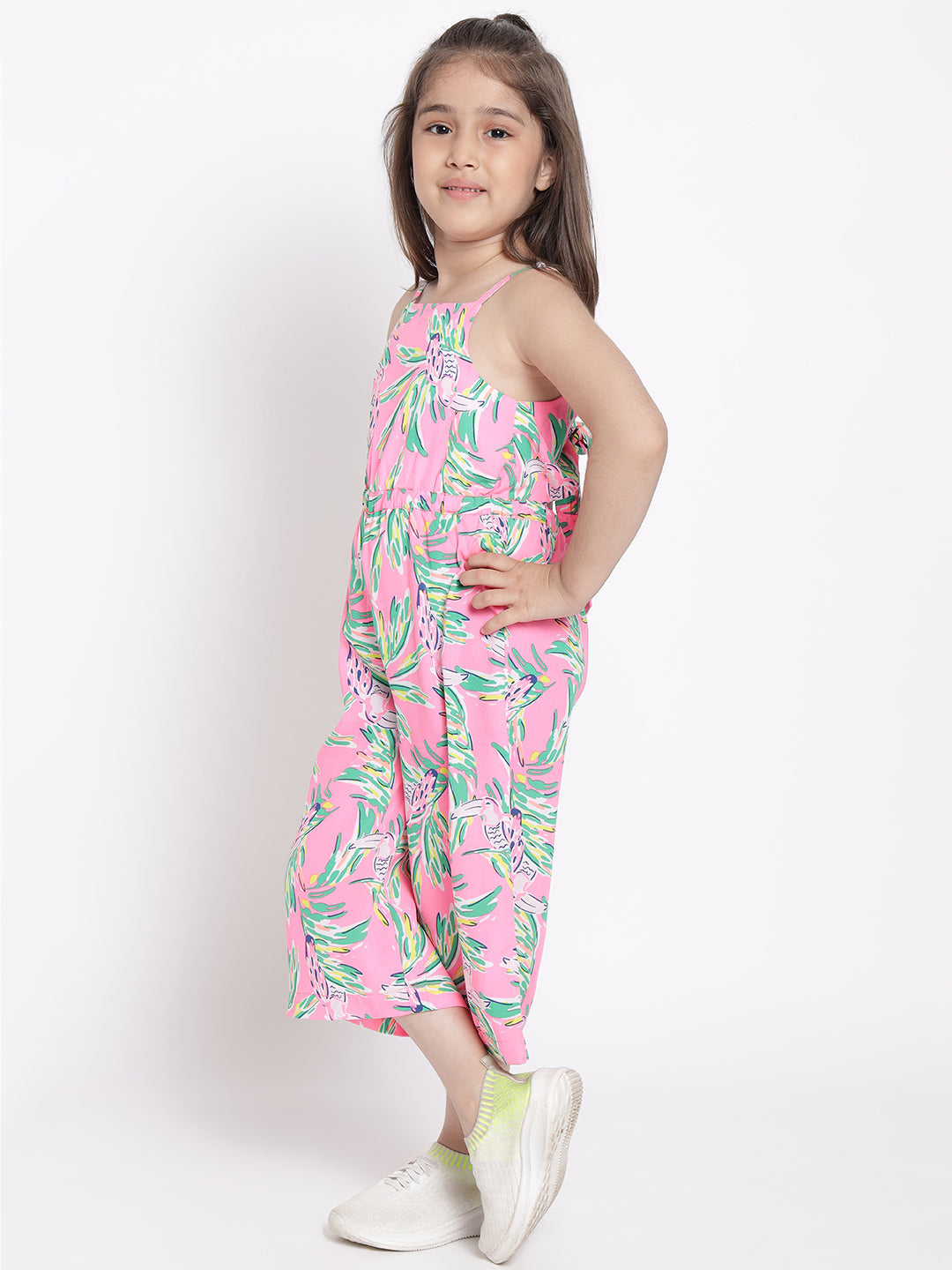 Nautinati Girls Pink Green Printed Basic Jumpsuit With Styled Back