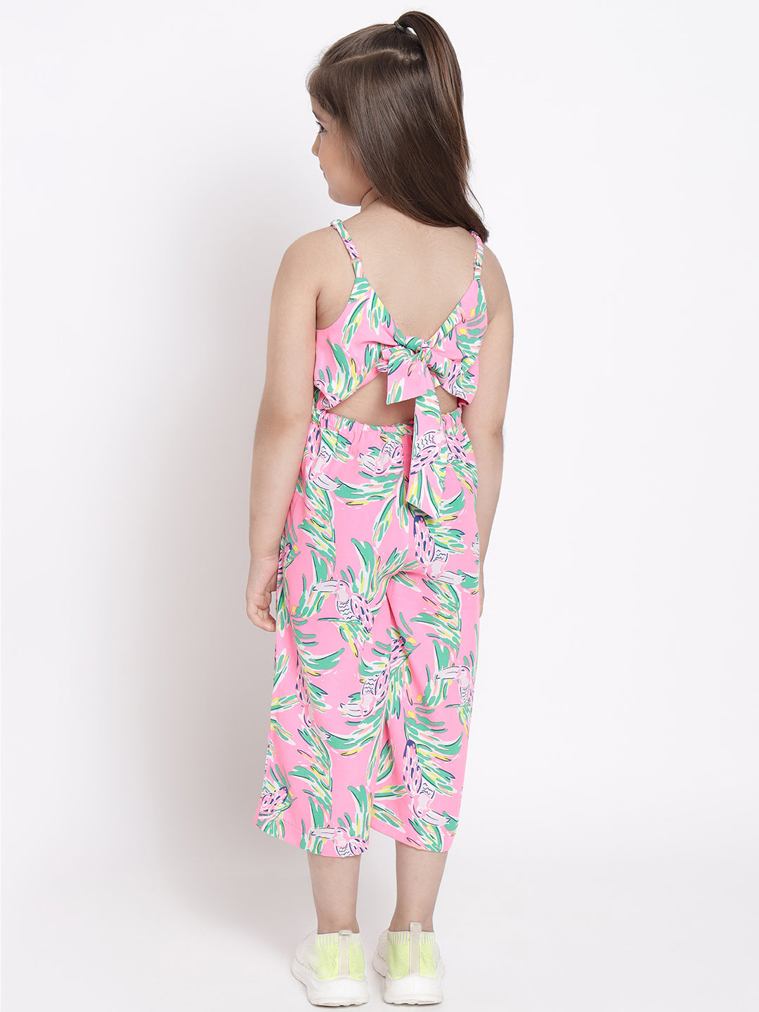 Nautinati Girls Pink Green Printed Basic Jumpsuit With Styled Back