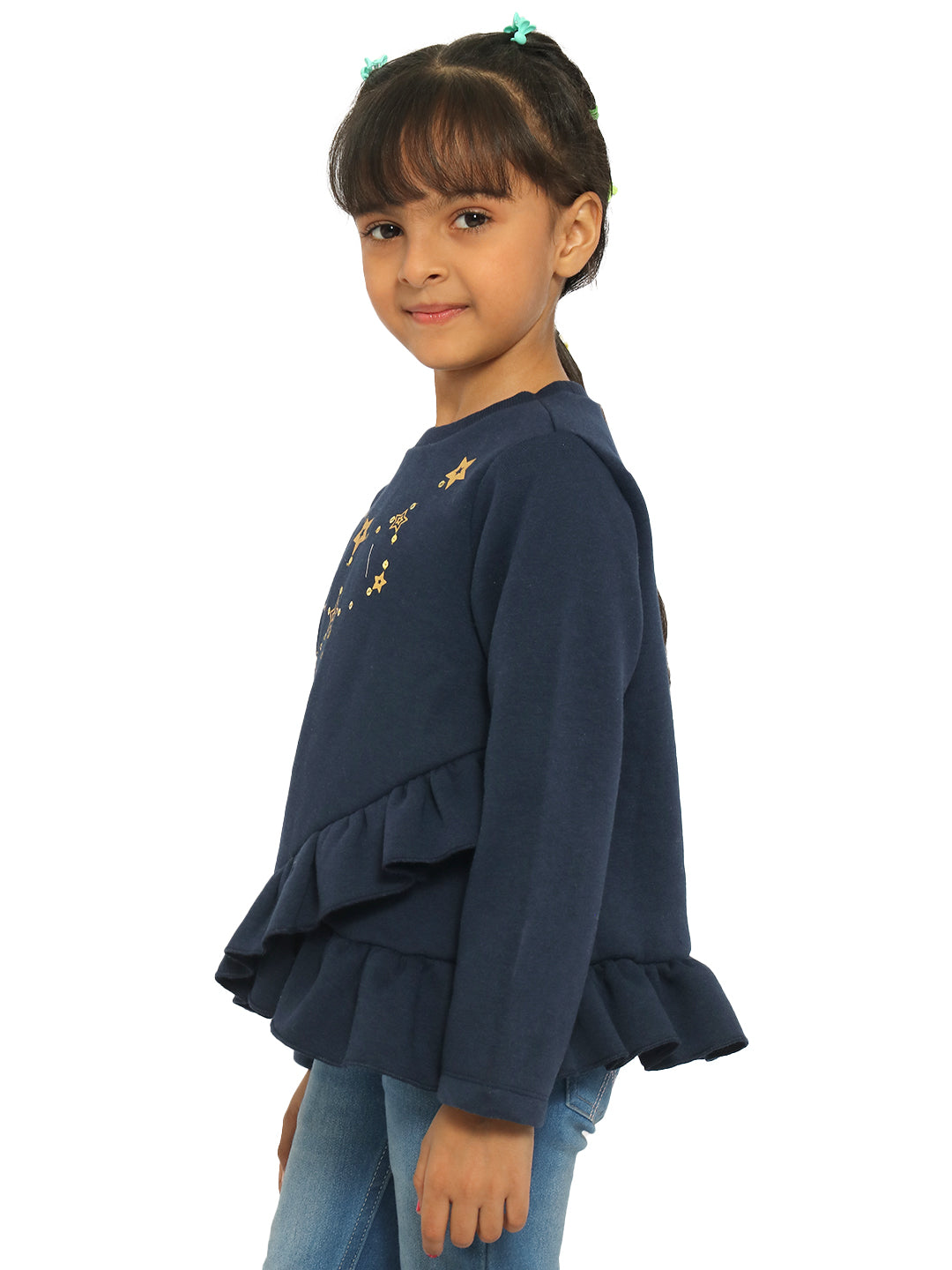 Nautinati Girls Navy Blue Printed Sweatshirt