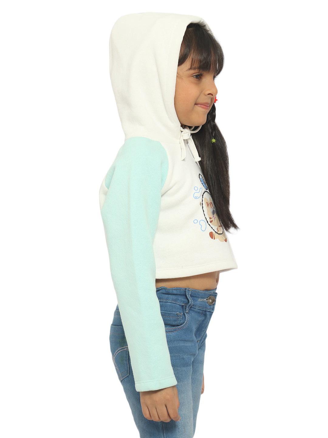 Nautinati Girls White Printed Hooded Sweatshirt