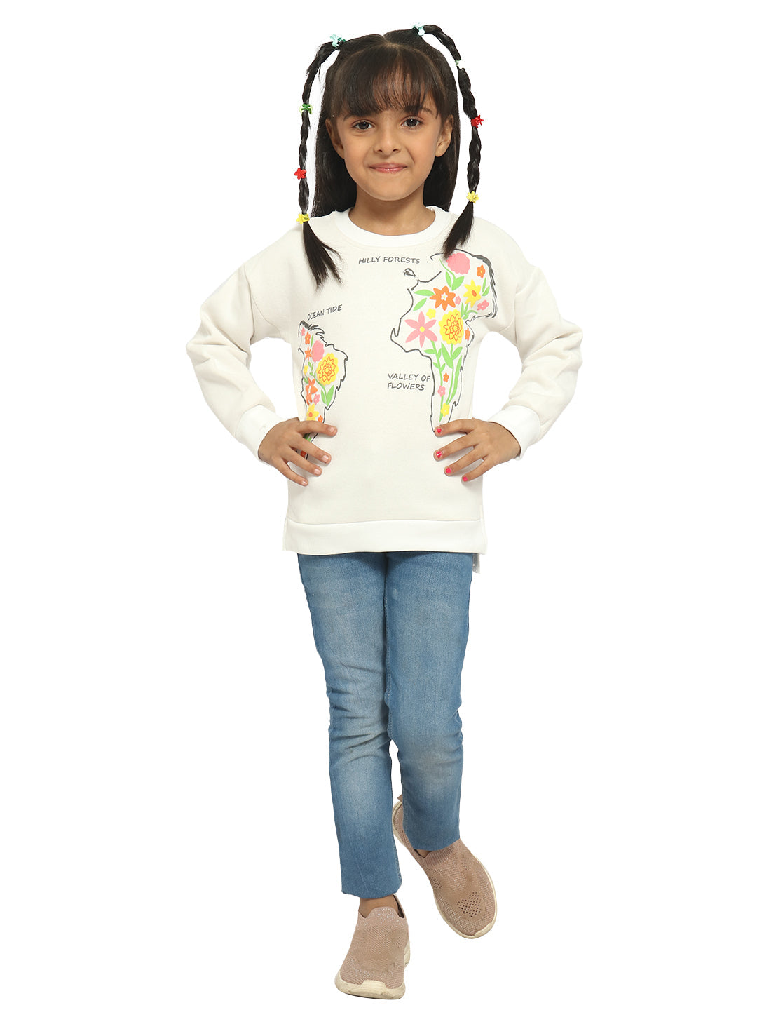 Nautinati Girls White Printed Sweatshirt