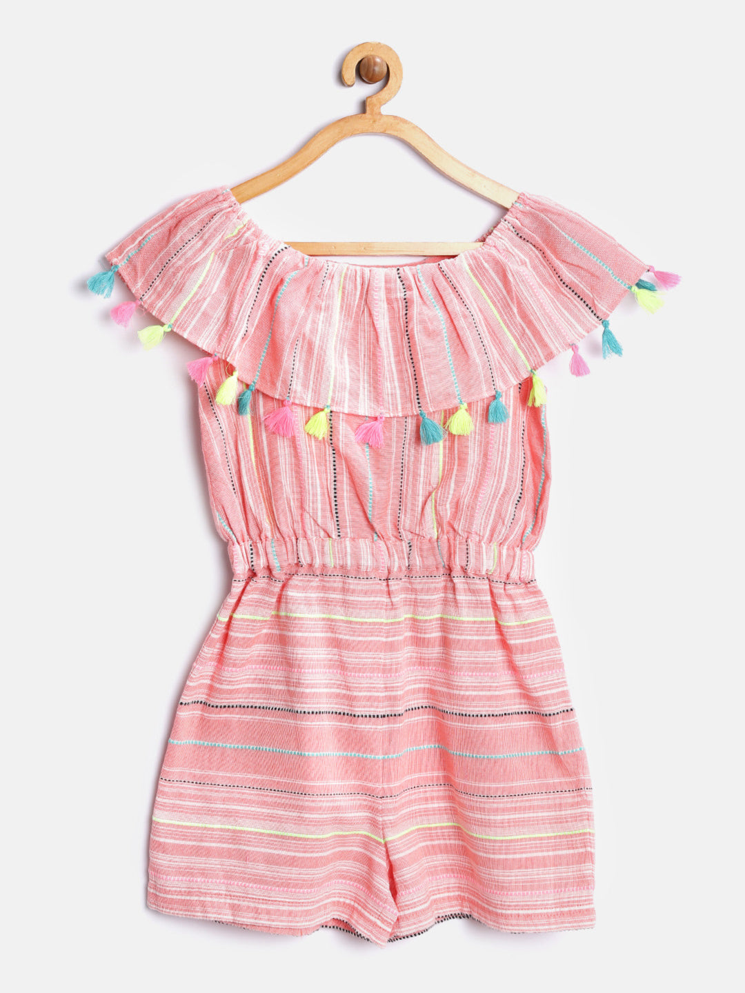 Nautinati Girls Peach Stripes Sleeveless Cotton Jumpsuit