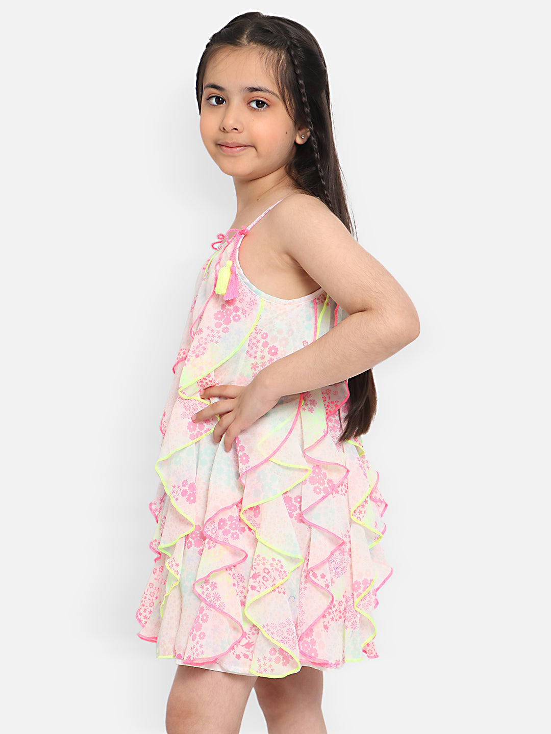 Nautinati Girls Floral Printed Ruffled Georgette A-Line Dress