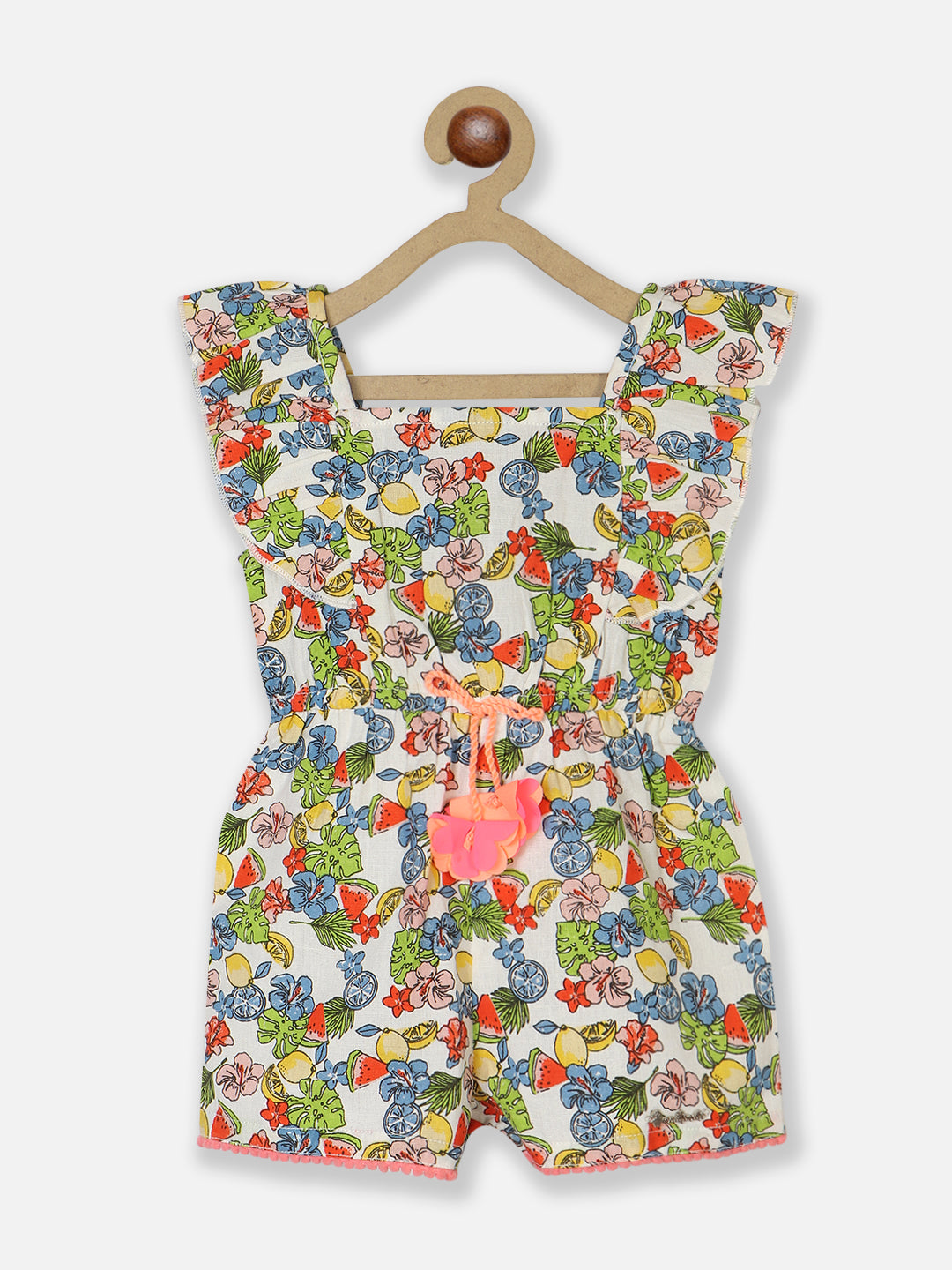 Nautinati Girls Floral Printed Square Neck Ruffled Pure Cotton Playsuit