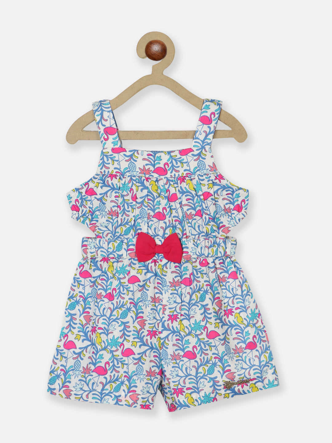 Nautinati Girls Printed Square Neck Bow-Detail Pure Cotton Playsuit