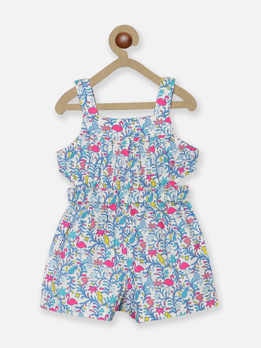 Nautinati Girls Printed Square Neck Bow-Detail Pure Cotton Playsuit