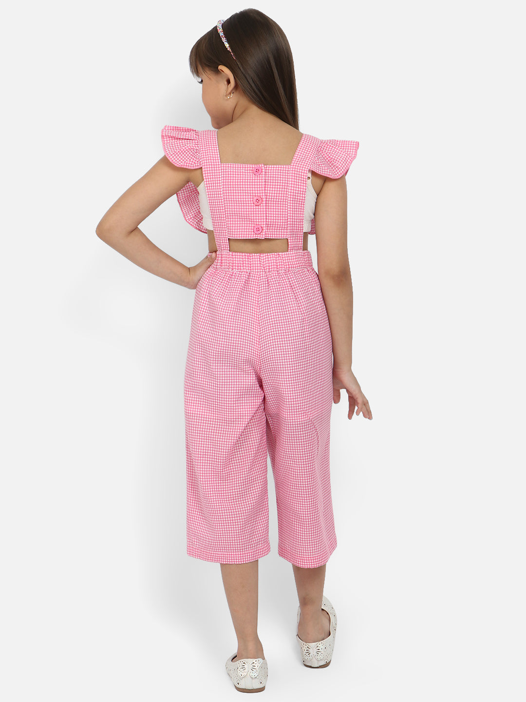 Nautinati Girls Checked Sleeveless Ruffled Capri Jumpsuit